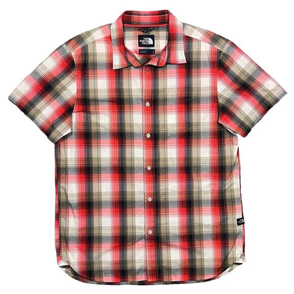 The North Face Red Black Tan Plaid Short Sleeve Button Down Shirt Men Size Large - Picture 1 of 9